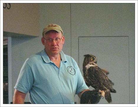 Adirondack Raptors:  Mark Manske with a Great Horned Owl (21 July 2012)