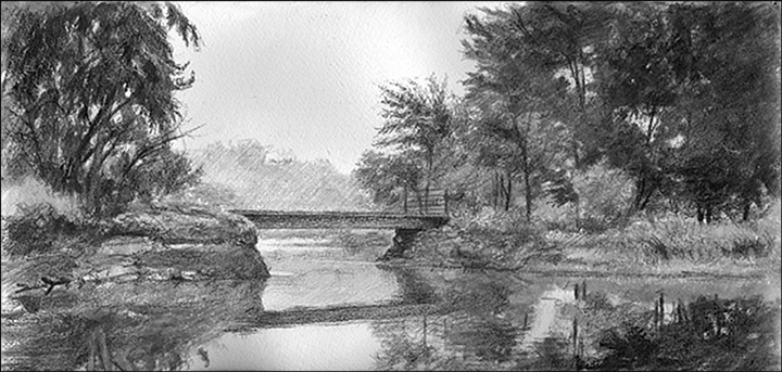 Frances Gaffney: Bloomingdale at Dawn.  Graphite on Paper. 14 x 8.