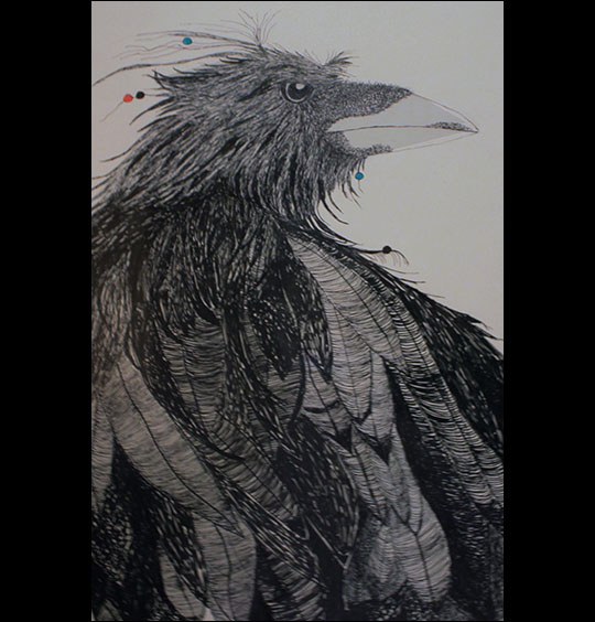 Linda Sauther: Warrior Crow.  Pen and ink.