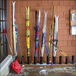 Skis by the VIC Building door